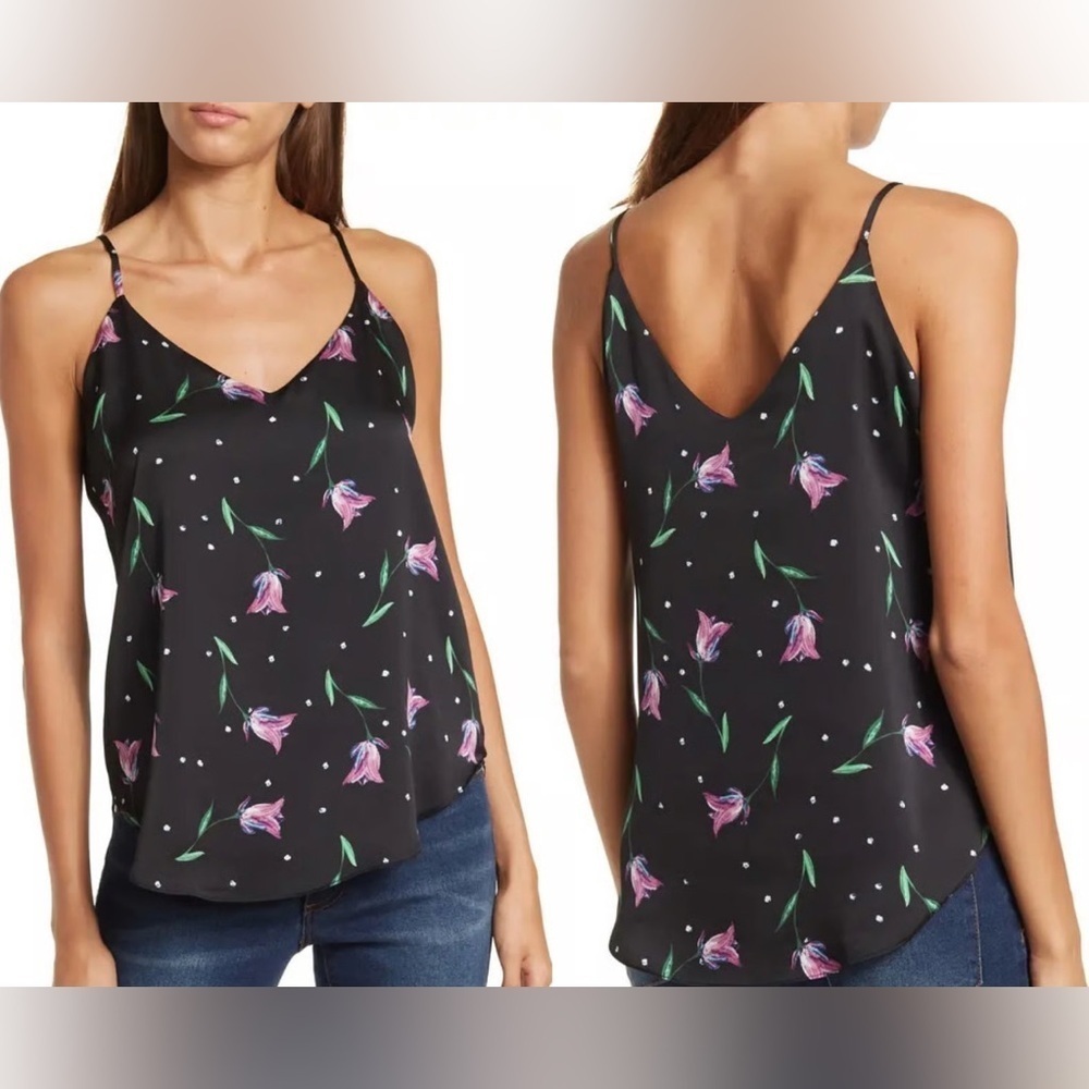Tahari Floral Satin Cami Top Black Pink Lily Print V-Neck Spaghetti strap (1066)